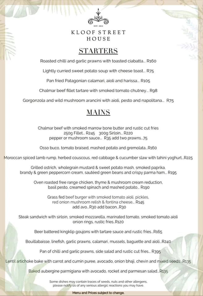 Kloof Street House Menu & Updated Prices in South Africa 2024