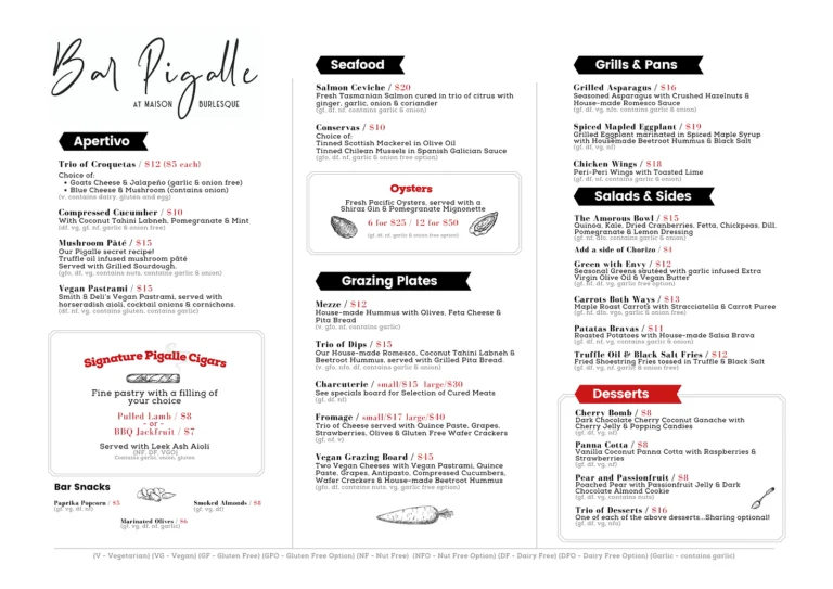 Pigalle Menu & Updated Prices in South Africa 2024