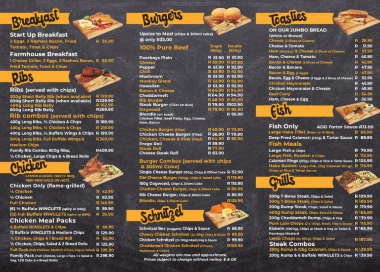 Poorboys Menu & Updated Prices in South Africa 2024