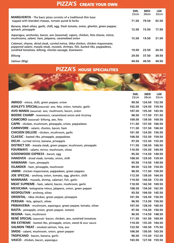 Ashley’s Pizza Menu & Updated Prices in South Africa 2024