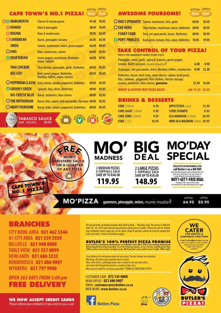 Butler’s Pizza Menu & Updated Prices in South Africa 2024