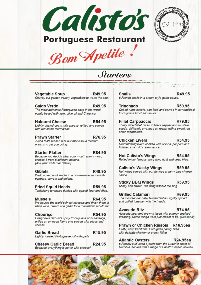 Calistos Menu & Updated Prices in South Africa 2024