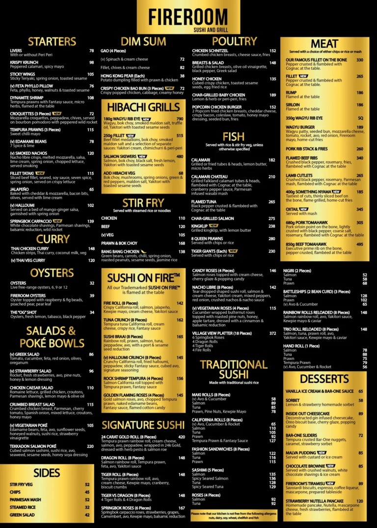 Fireroom Bedfordview Menu & Updated Prices in South Africa 2024