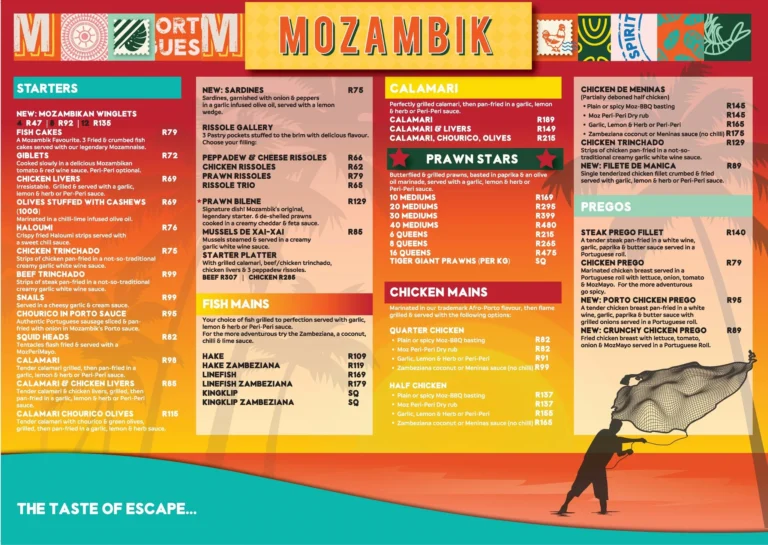Mozambik Menu & Updated Prices in South Africa 2024