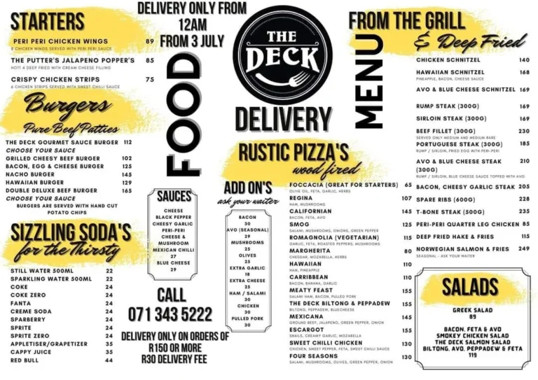 The Deck Restaurant Menu & Updated Prices in South Africa 2024