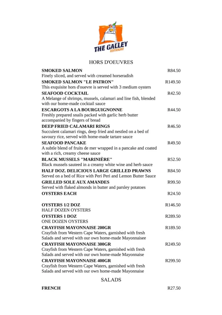 The Galley Fish Hoek Menu & Updated Prices in South Africa 2024