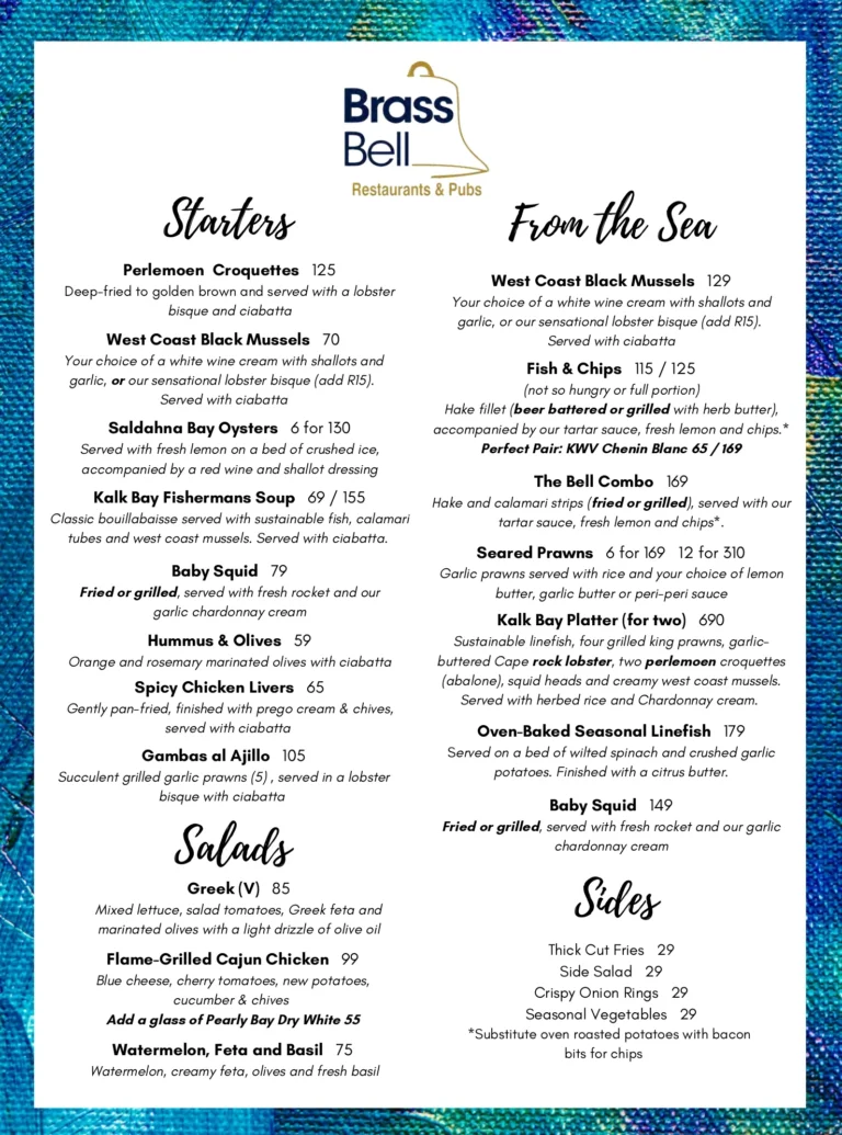 Brass Bell Kalk Bay Menu & Updated Prices in South Africa 2024