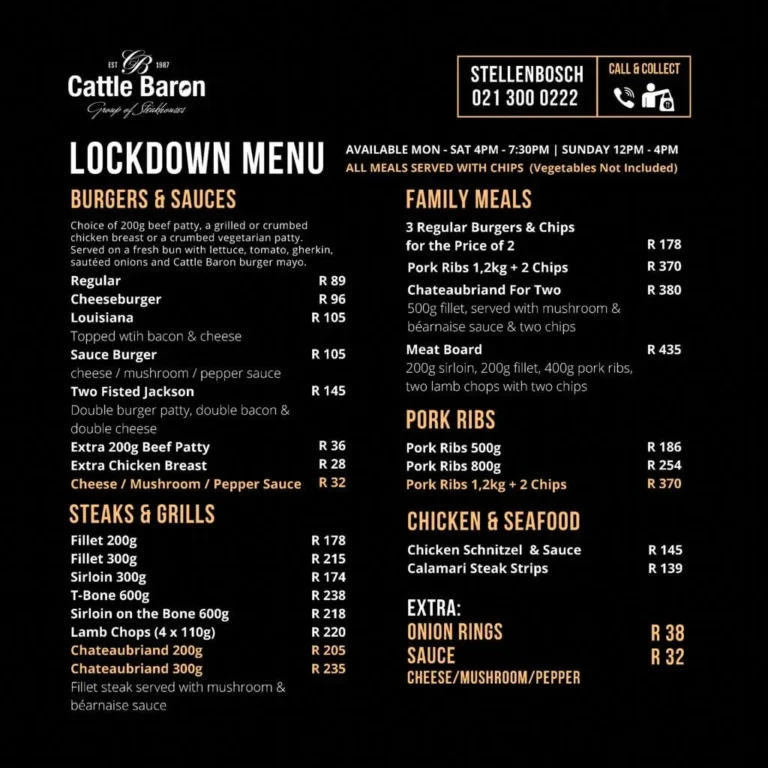 Cattle Baron Menu & Updated Prices in South Africa 2024