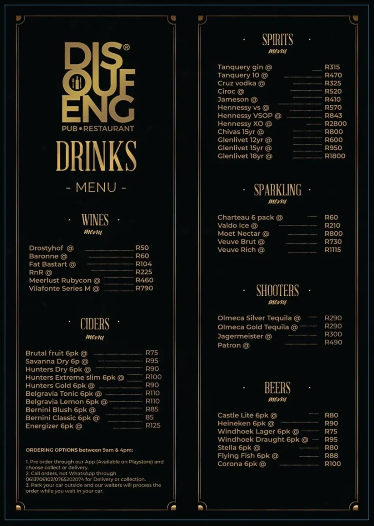 Disoufeng Pub Menu & Updated Prices in South Africa 2024