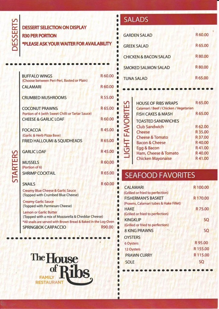 House of Ribs Menu & Updated Prices in South Africa 2024