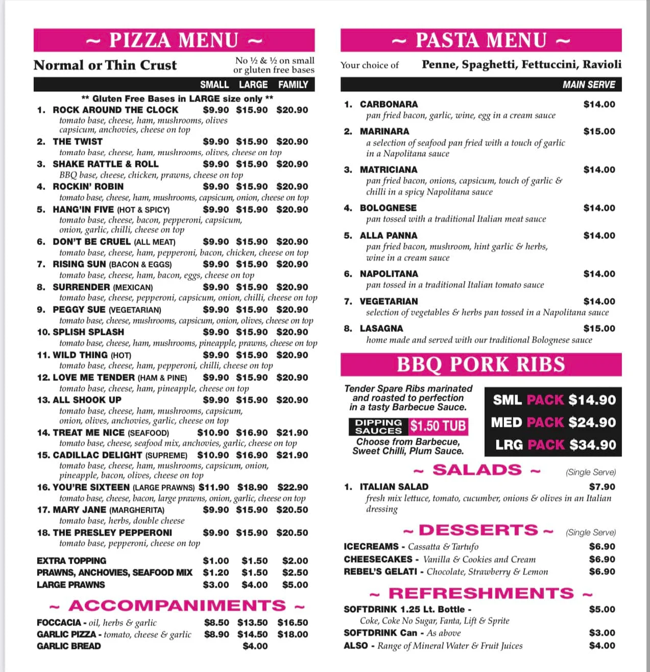 Rebels Pizza Menu Prices