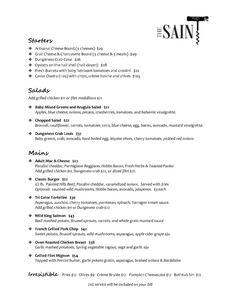 Saint Restaurant Menu & Updated Prices in South Africa 2024