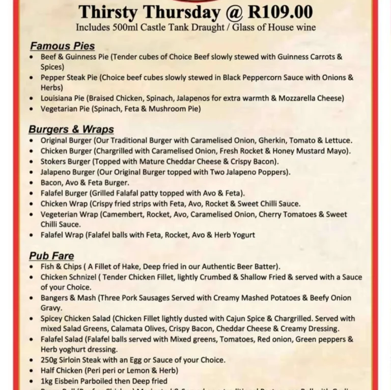Stokers Arms Menu & Updated Prices in South Africa 2024