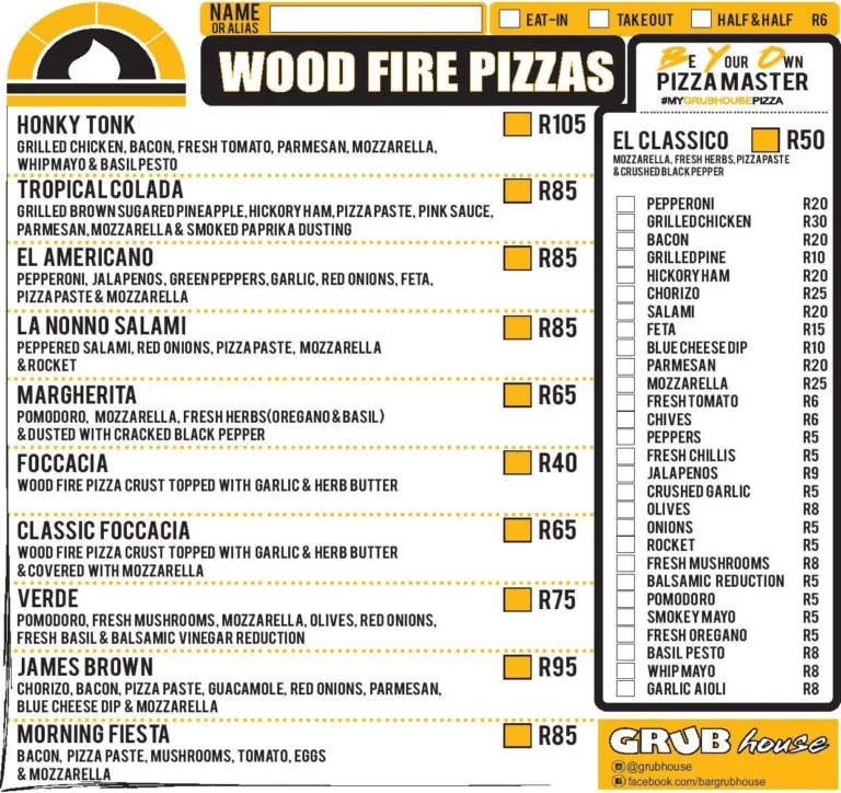 The Grub House Menu & Updated Prices in South Africa 2024