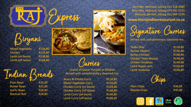 The Raj Menu & Updated Prices in South Africa 2024