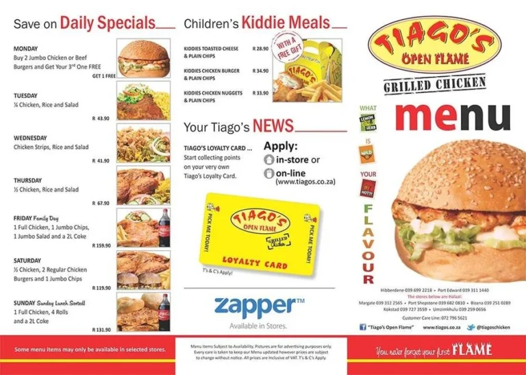 Tiagos Menu & Updated Prices in South Africa 2024
