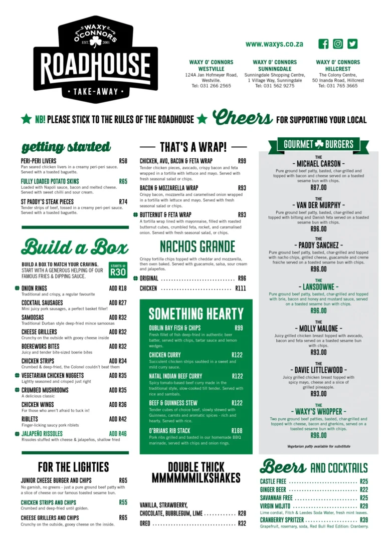Waxy o Connors Menu & Updated Prices in South Africa 2024