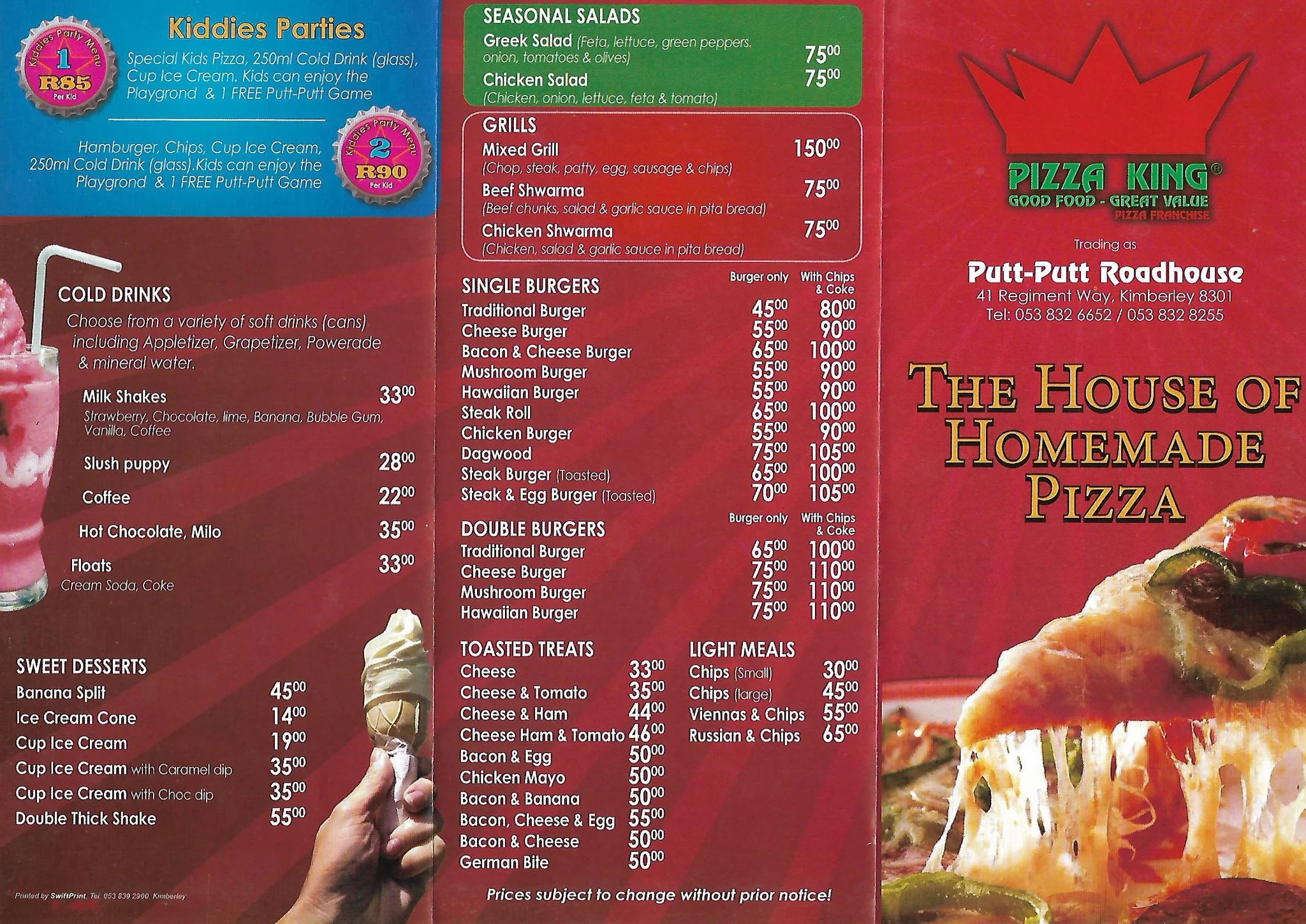Pizza king kimberley Menu Prices