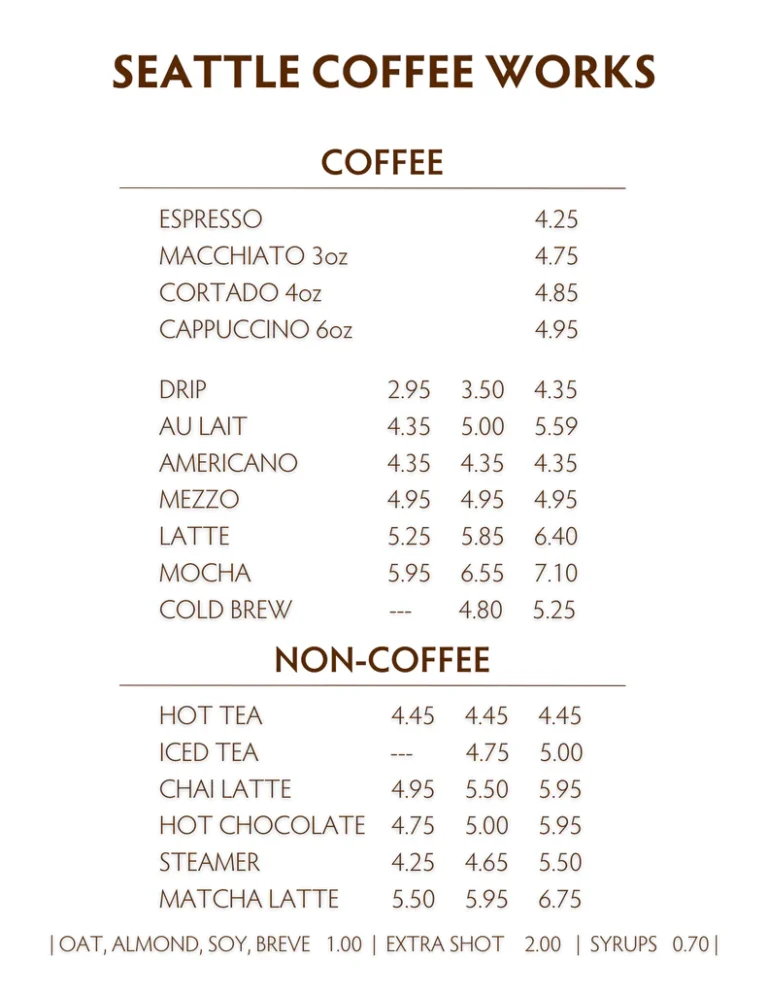 Seattle Coffee Menu & Updated Prices in South Africa 2024