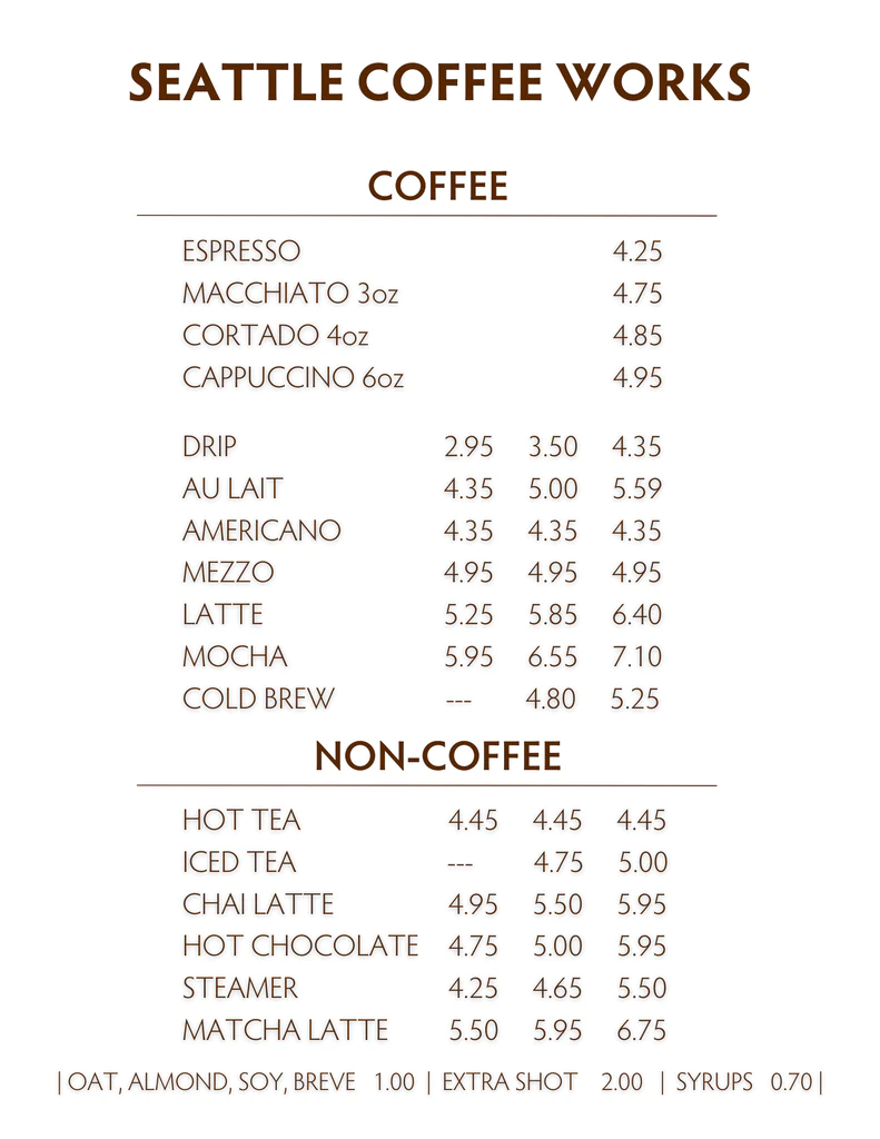 Seattle Coffee Menu Prices
