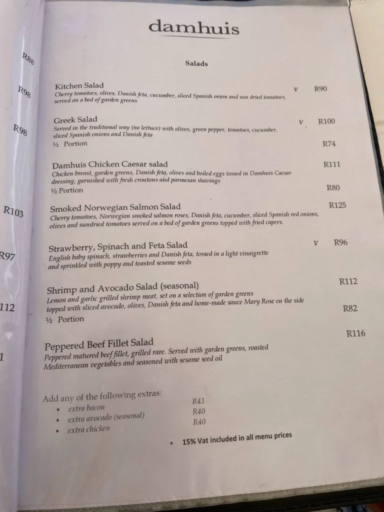 Damhuis Menu & Updated Prices in South Africa 2024